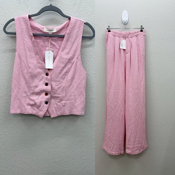 L Space Rhodes Pink Linen Blend Sleeveless Vest and Pant Set Womens Small NEW - Picture 1 of 12